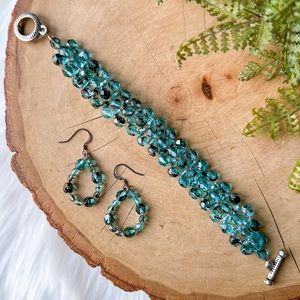 Artisan Beaded Handmade Faceted Blue Glass Statement Bracelet & Earring Set